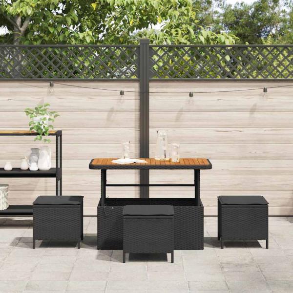 4-teiliges Garten Essset mit Kissen Schwarz Poly Rattan Akazie