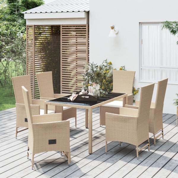ARDEBO.de - 7-tlg. Garten-Essgruppe mit Kissen Beige Poly Rattan