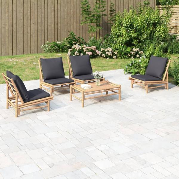 ARDEBO.de - 5-tlg. Garten-Lounge-Set mit Dunkelgrauen Kissen Bambus