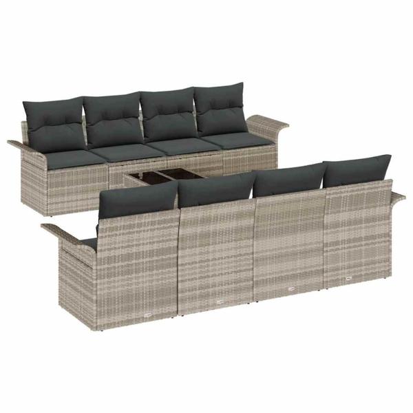 9-teiliges Garten Sofaset mit Kissen Hellgrau Poly Rattan