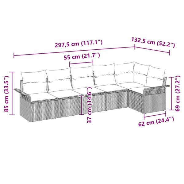 6-teiliges Garten-Sofa-Set mit Kissen Hellgrau Poly Rattan