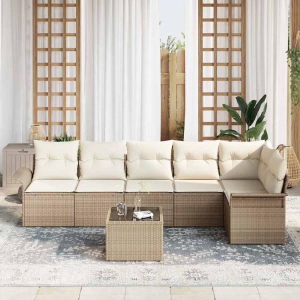 7-teiliges Garten Sofa Set mit Kissen Braun Poly Rattan
