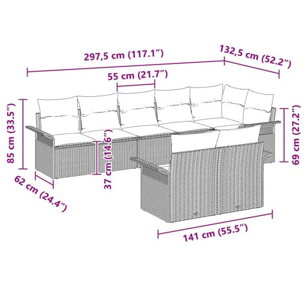 8-teiliges Garten-Sofa-Set mit Kissen Beige Poly Rattan