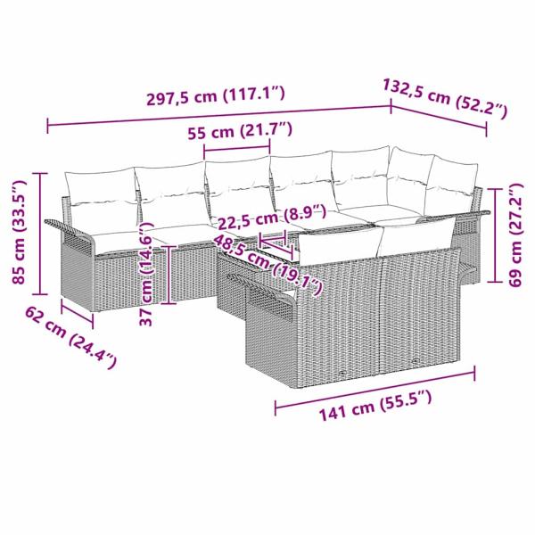 9-teiliges Garten-Sofa-Set mit Kissen Beige Poly-Rattan