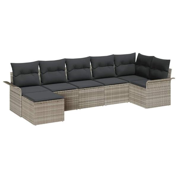 7-teiliges Garten Sofa Set mit Kissen Hellgrau Poly Rattan