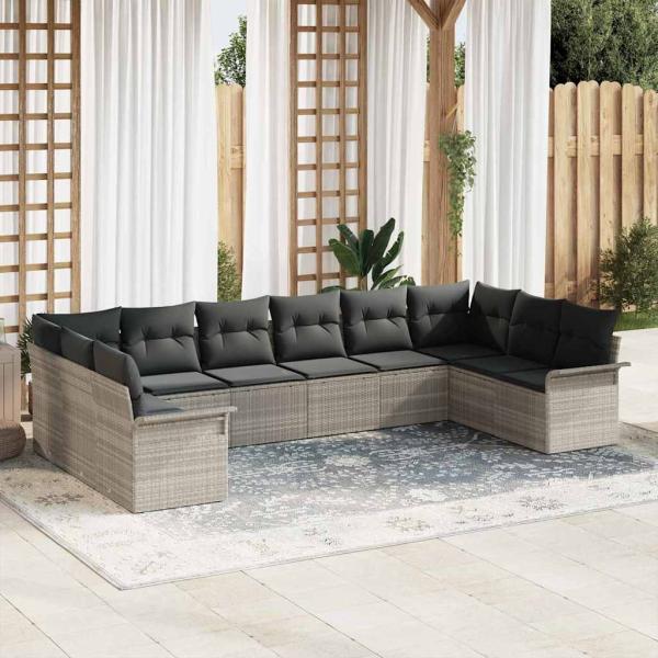 ARDEBO.de - 10-teiliges Garten Sofa Set mit Kissen Hellgrau Poly Rattan