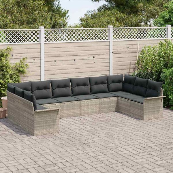 10-teiliges Garten Sofa Set mit Kissen Hellgrau Poly Rattan