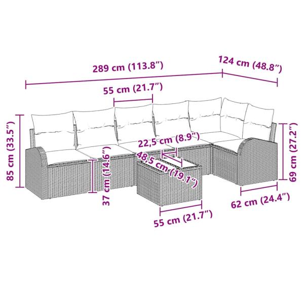 7-teiliges Garten Sofa Set mit Kissen Schwarz Poly Rattan