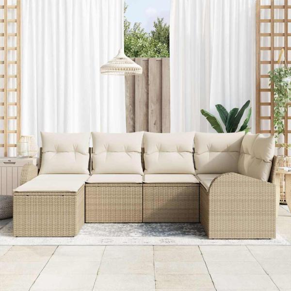6-teiliges Garten-Sofa-Set mit Kissen Beige Poly-Rattan