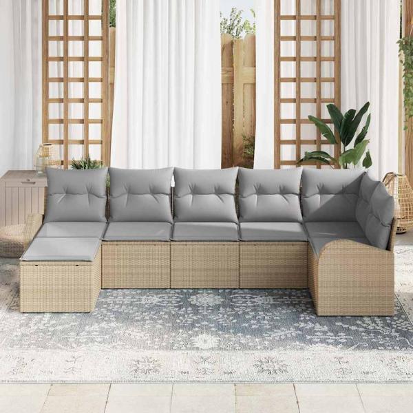 Garten Sofa Set Set von 7 Beige Rattan Garten Sofa Rechteckig
