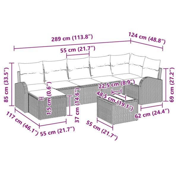 8-teiliges Garten-Sofa-Set mit Kissen in braunem Poly-Rattan