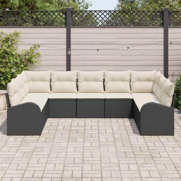 9-teiliges Garten Sofa Set mit Kissen Schwarz Poly Rattan