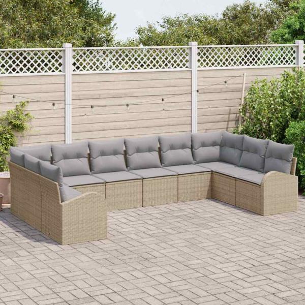 10-teiliges Garten Sofa Set mit Kissen Beige Poly Rattan