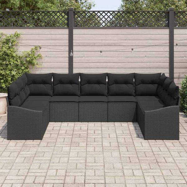 9-teiliges Garten Sofa Set mit Kissen Schwarz Poly Rattan