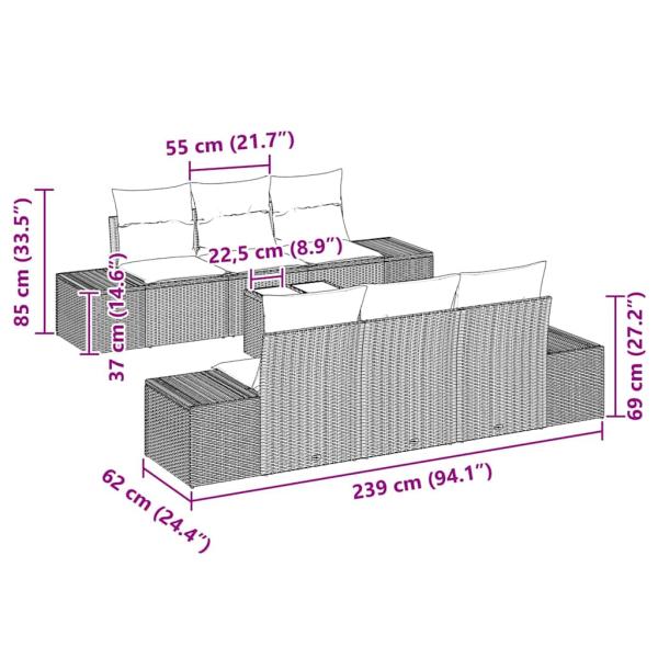 7-teiliges Garten-Sofa-Set mit Kissen in Schwarz aus Poly-Rattan