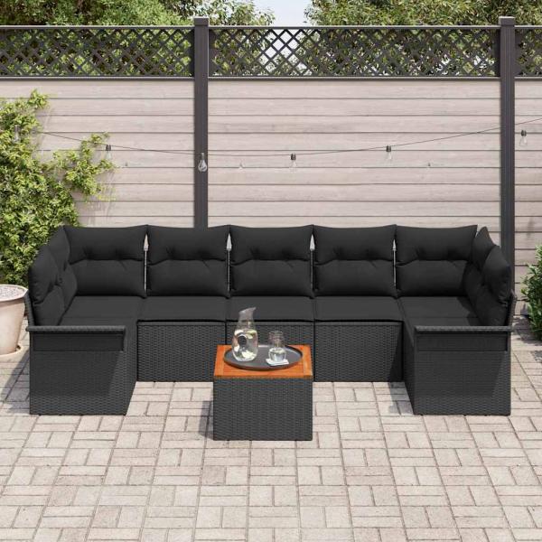 8-teiliges Garten Sofa Set mit Kissen Schwarz Poly Rattan Akazie