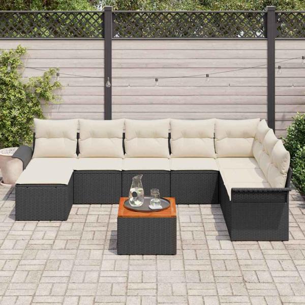 ARDEBO.de - Garten-Sofa-Set 9-teilig Schwarz und Creme Rattan und Stoff