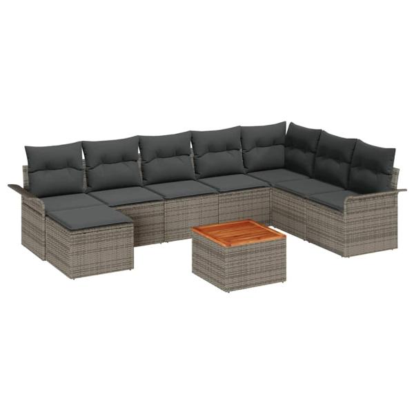 9-teiliges Garten-Sofa-Set mit Kissen Grau Poly-Rattan Akazie