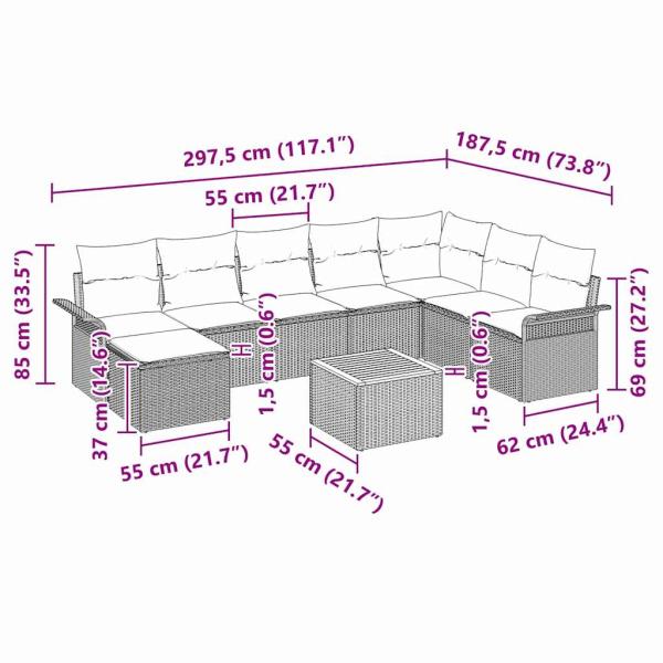 9-teiliges Garten-Sofa-Set mit Kissen Grau Poly-Rattan Akazie
