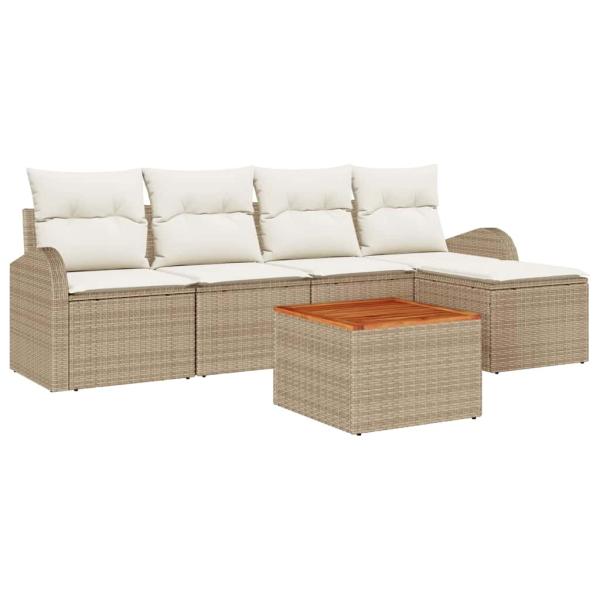 6-teiliges Garten Sofa Set mit Kissen Beige Poly Rattan Akazie