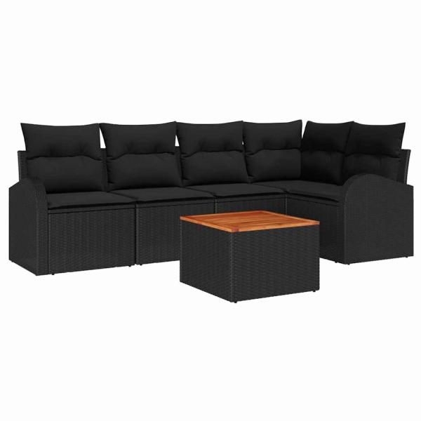 6-teiliges Garten-Sofa-Set mit Kissen Schwarz Poly-Rattan Akazie