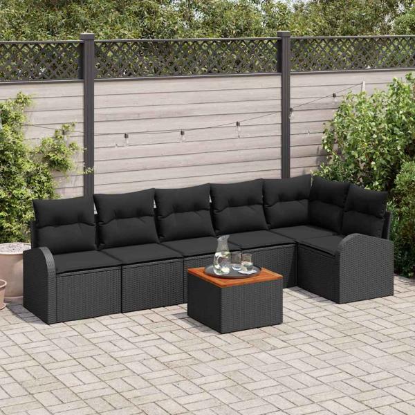 ARDEBO.de - 7-teiliges Garten Sofa Set mit Kissen Schwarz Poly Rattan Akazie