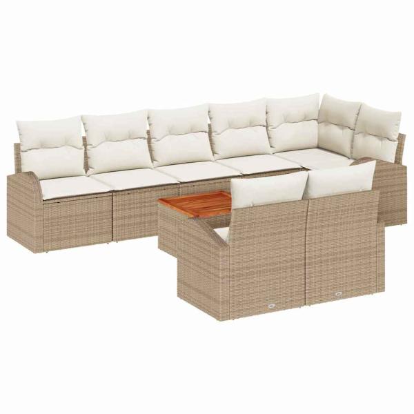 9-teiliges Garten Sofa Set mit Kissen Beige Poly Rattan Akazie