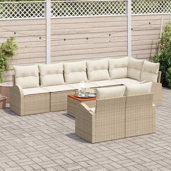 9-teiliges Garten Sofa Set mit Kissen Beige Poly Rattan Akazie