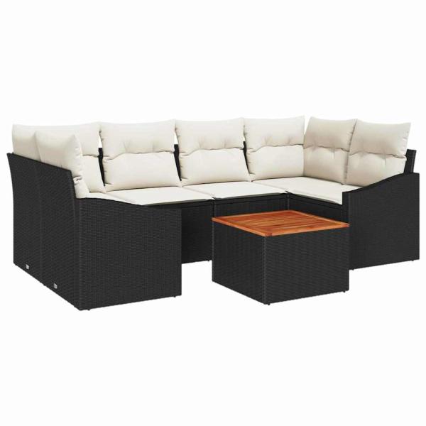7-teiliges Garten-Sofa-Set mit Kissen in Schwarz aus Poly-Rattan und Akazie
