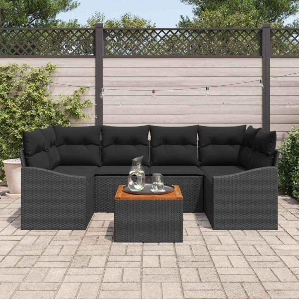 7-teiliges Garten-Sofa-Set mit Kissen Schwarz Poly-Rattan Akazie
