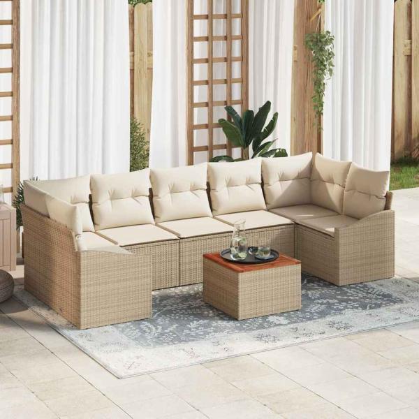 ARDEBO.de - 8-teiliges Garten Sofa Set mit Kissen Beige Poly Rattan Akazien