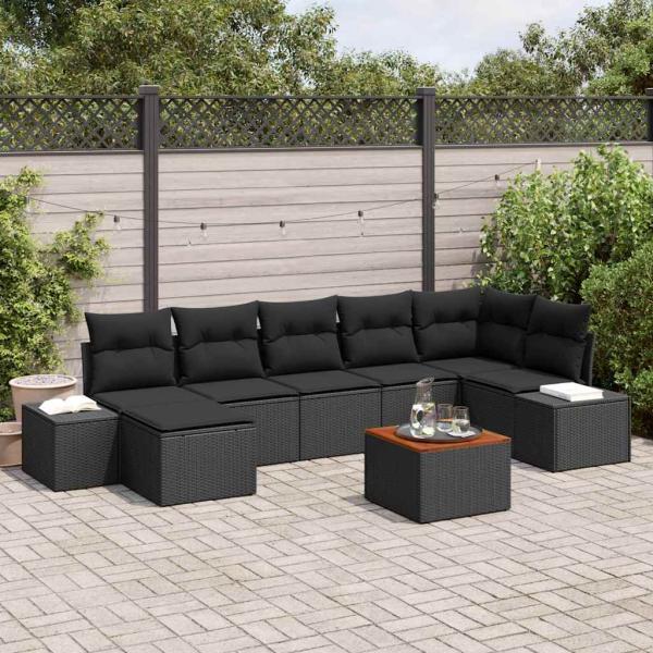 ARDEBO.de - Garten Sofaset 8 Teile Schwarz Rattan und Holz Geräumig