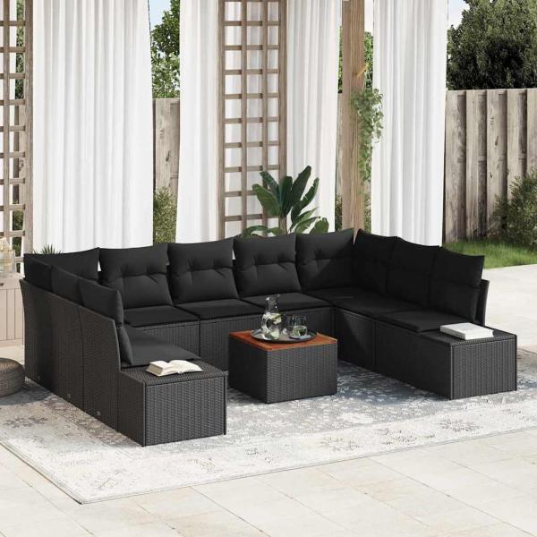 ARDEBO.de - 10-teiliges Garten Sofa Set mit Kissen Schwarz Poly Rattan Akazie