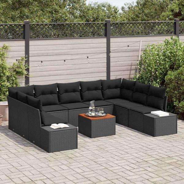 10-teiliges Garten Sofa Set mit Kissen Schwarz Poly Rattan Akazie