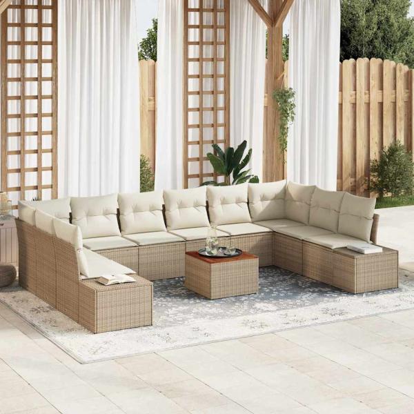 ARDEBO.de - 11-teiliges Garten Sofa Set mit Kissen Beige Poly Rattan Akazie