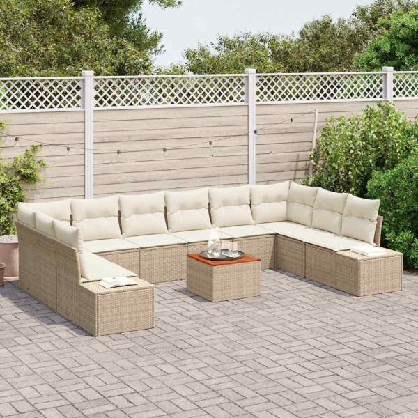 11-teiliges Garten Sofa Set mit Kissen Beige Poly Rattan Akazie