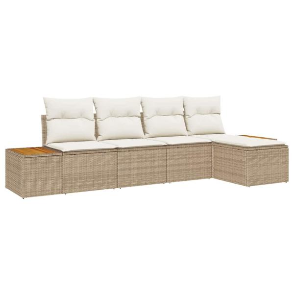 5-teiliges Garten Sofa Set mit Kissen Beige Poly Rattan Akazie