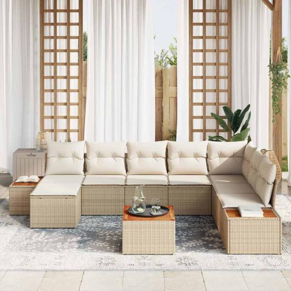 9-teiliges Garten Sofa Set mit Kissen Beige Poly Rattan Akazie