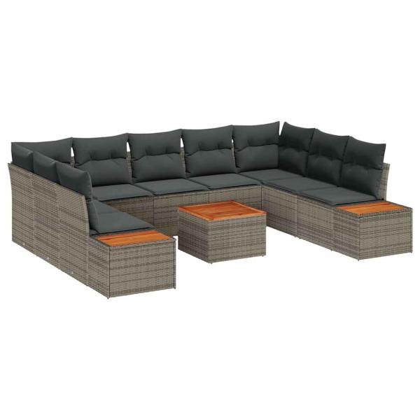 10-teiliges Garten-Sofa-Set mit Kissen Grau Poly Rattan Akazie