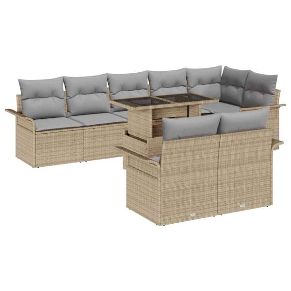 9-teiliges Garten Sofa Set mit Kissen Beige Poly Rattan