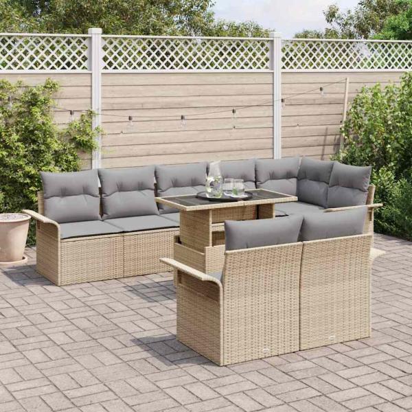 9-teiliges Garten Sofa Set mit Kissen Beige Poly Rattan