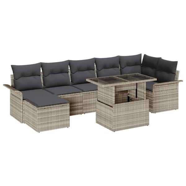 8-teiliges Garten Sofa Set mit Kissen Hellgraues Poly Rattan