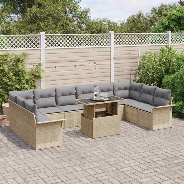 11-teiliges Garten Sofa Set mit Kissen Beige Poly Rattan