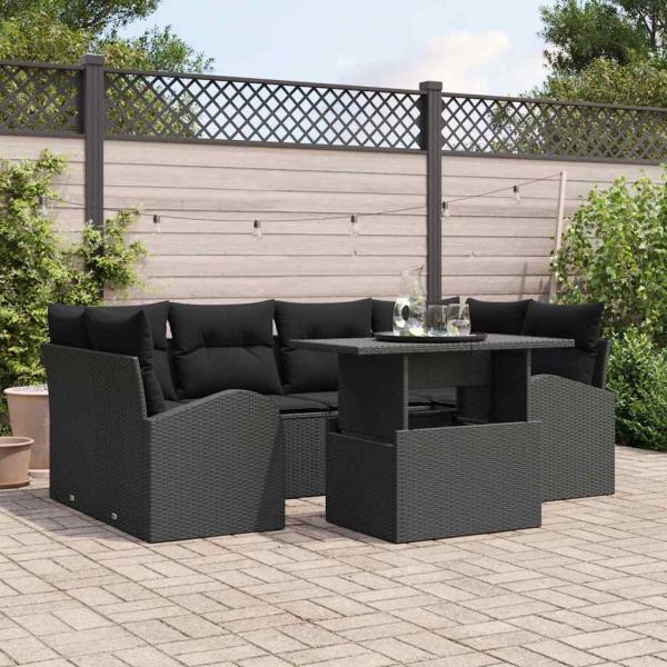 ARDEBO.de - 7 teiliges Garten Sofa Set mit Kissen Schwarz Poly Rattan