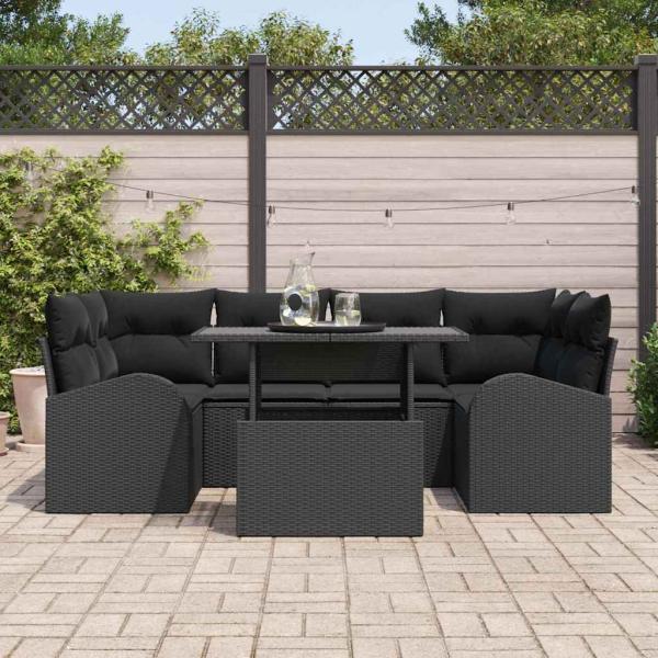 7 teiliges Garten Sofa Set mit Kissen Schwarz Poly Rattan