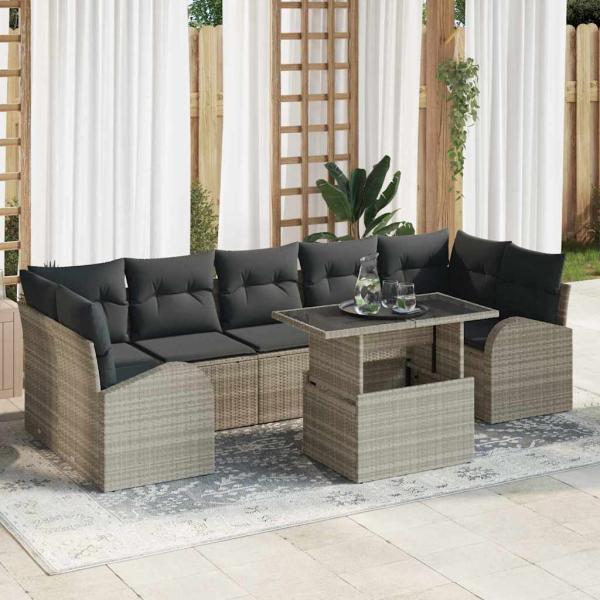 ARDEBO.de - 8-teilige Garten-Sofaset mit Kissen Hellgrau Poly Rattan
