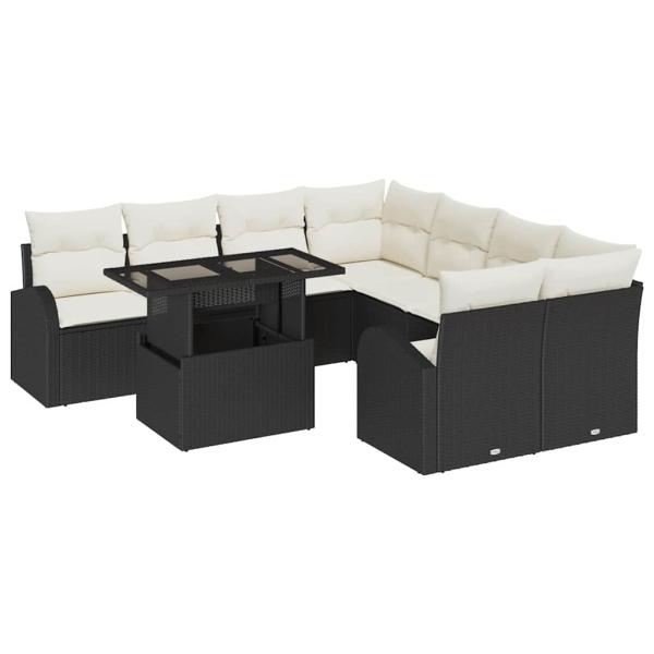 9-teiliges Garten-Sofa-Set mit Kissen Schwarz Poly Rattan