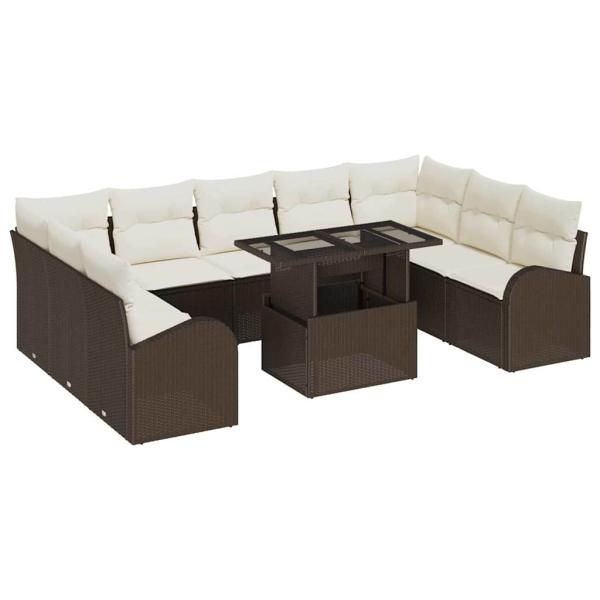10-teiliges Garten Sofa Set mit Kissen Braun Poly Rattan