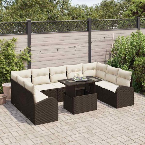 10-teiliges Garten Sofa Set mit Kissen Braun Poly Rattan