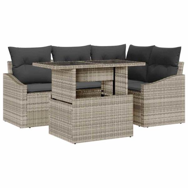 5-teiliges Garten-Sofa-Set mit Kissen in Hellgrau aus Poly Rattan